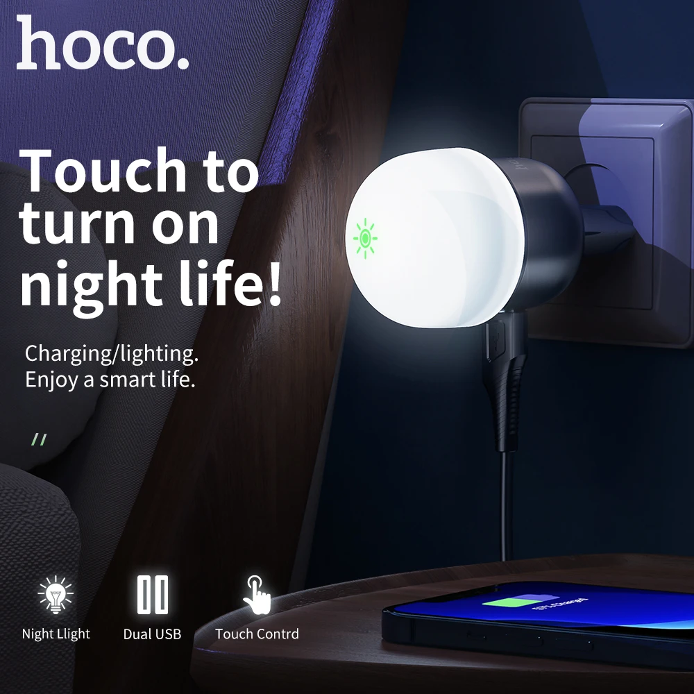 Hoco Dual USB Port Phone Charger With Touch Control Night Light For iPhone 12 Mobile Phone Chargers EU Plug Adapter For Samsung
Hoco Dual USB Port Phone Charger With Touch Control Night Light For iPhone 12 Mobile Phone Chargers EU Plug Adapter For Samsung