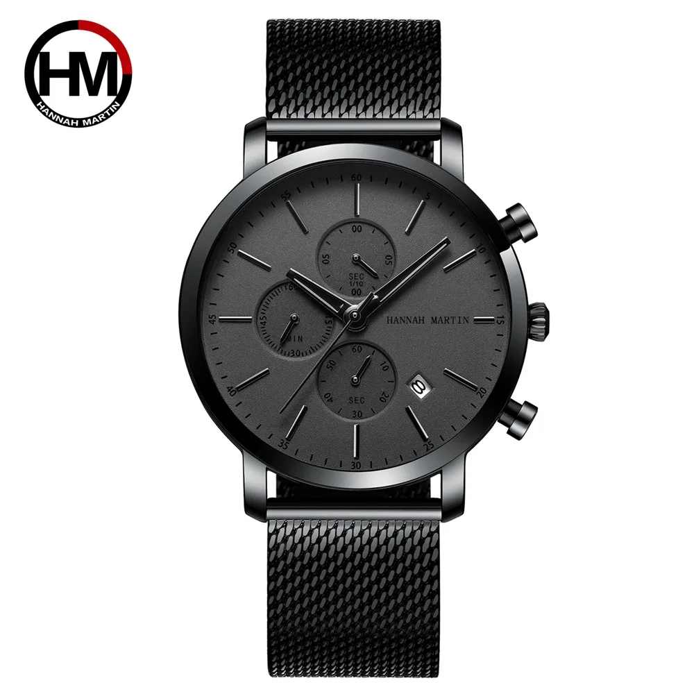 

Hannah Martin HM-109 New Men Black Stainless Steel Mesh Wristwatch High Quality Multi-Function Calendar Men's Business Watch