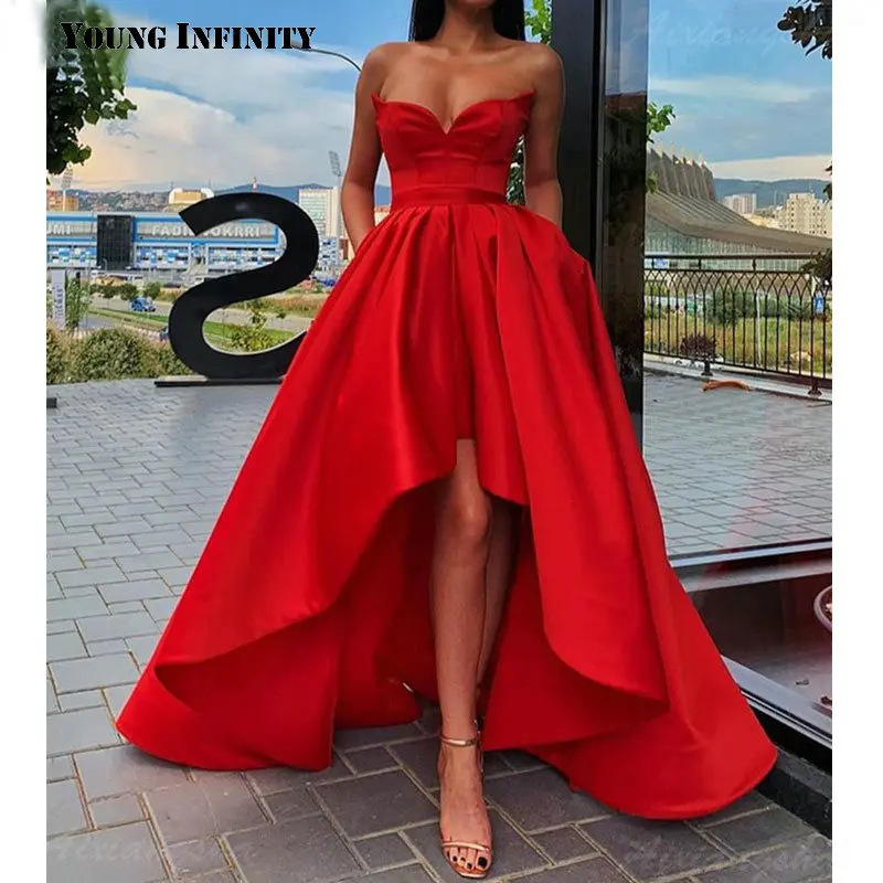 Simple Red Sweetheart Evening Party Gown Satin High Low Prom Dress with Pockets Plus Size Long Prom Dresses
Simple Red Sweetheart Evening Party Gown Satin High Low Prom Dress with Pockets Plus Size Long Prom Dresses