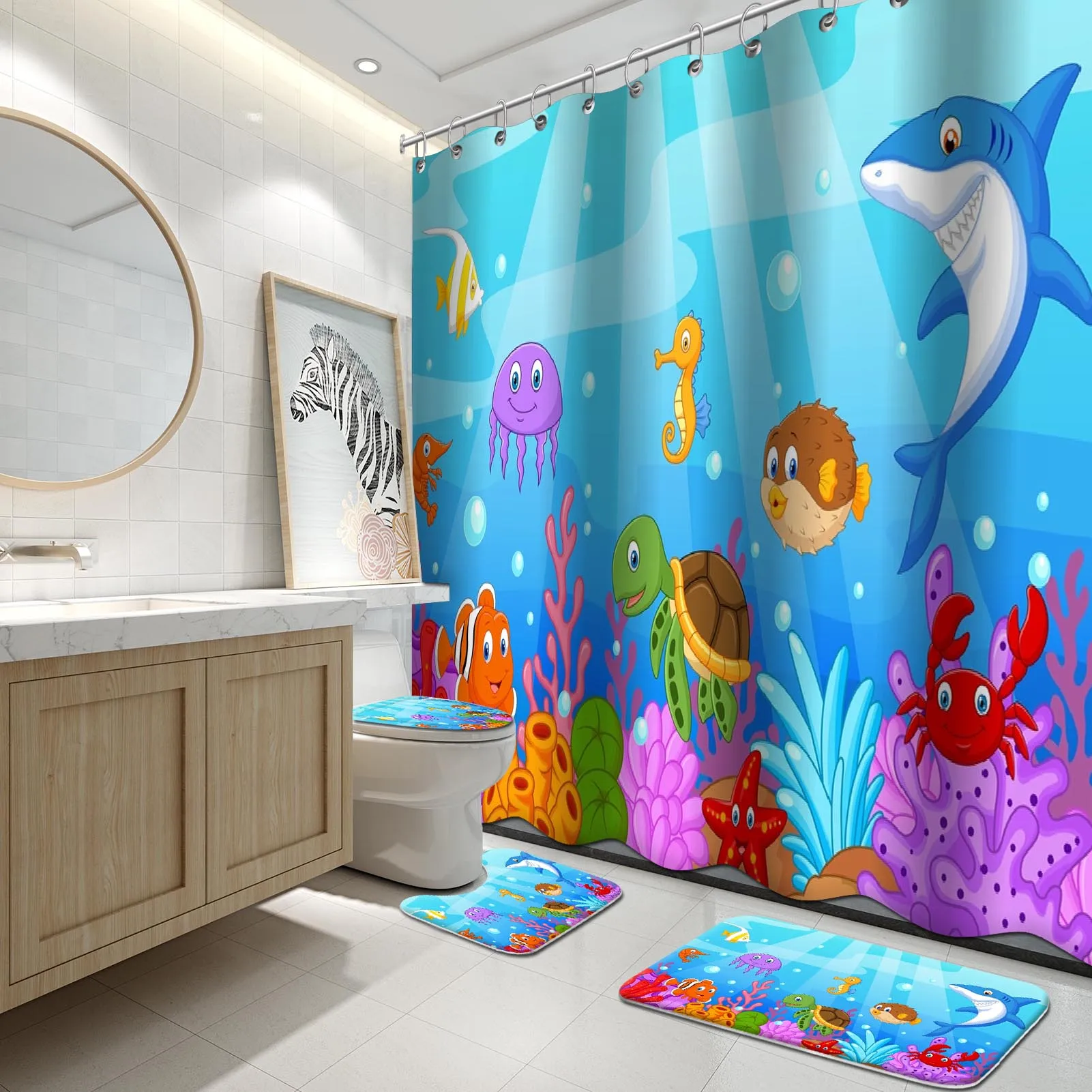 Sunlit Lovely Cartoon Sea Creatures Fabric Shower Curtain Set, Shark Turtle and Fish Bathroom Decor Curtain for Girls and Boys
Sunlit Lovely Cartoon Sea Creatures Fabric Shower Curtain Set, Shark Turtle and Fish Bathroom Decor Curtain for Girls and Boys