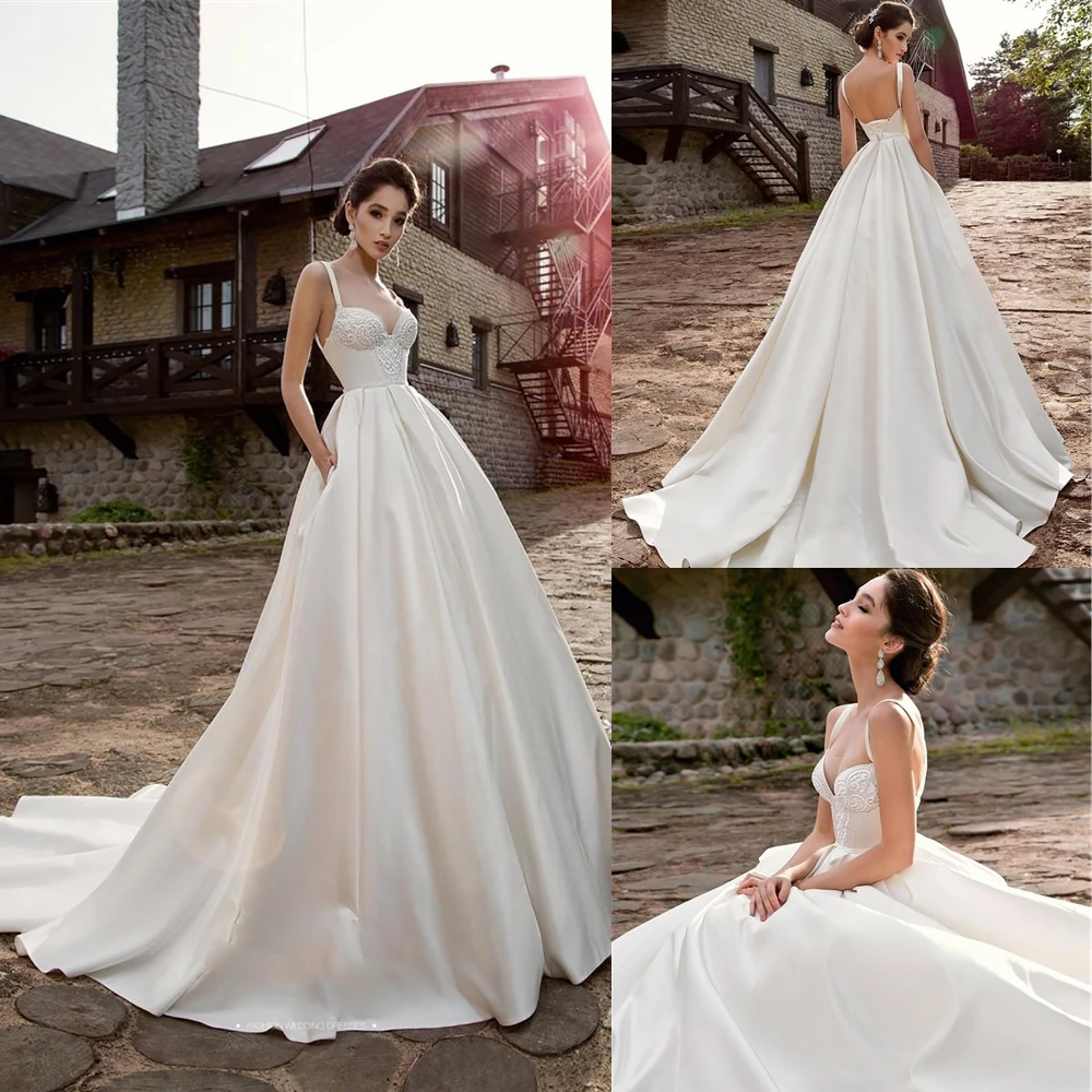 A Line Floor-Length Applique Sweep Train Custom Bridal Gowns Plus Size Sleeveless Satin Sweetheart Lace Up Wedding Dresses
A Line Floor-Length Applique Sweep Train Custom Bridal Gowns Plus Size Sleeveless Satin Sweetheart Lace Up Wedding Dresses