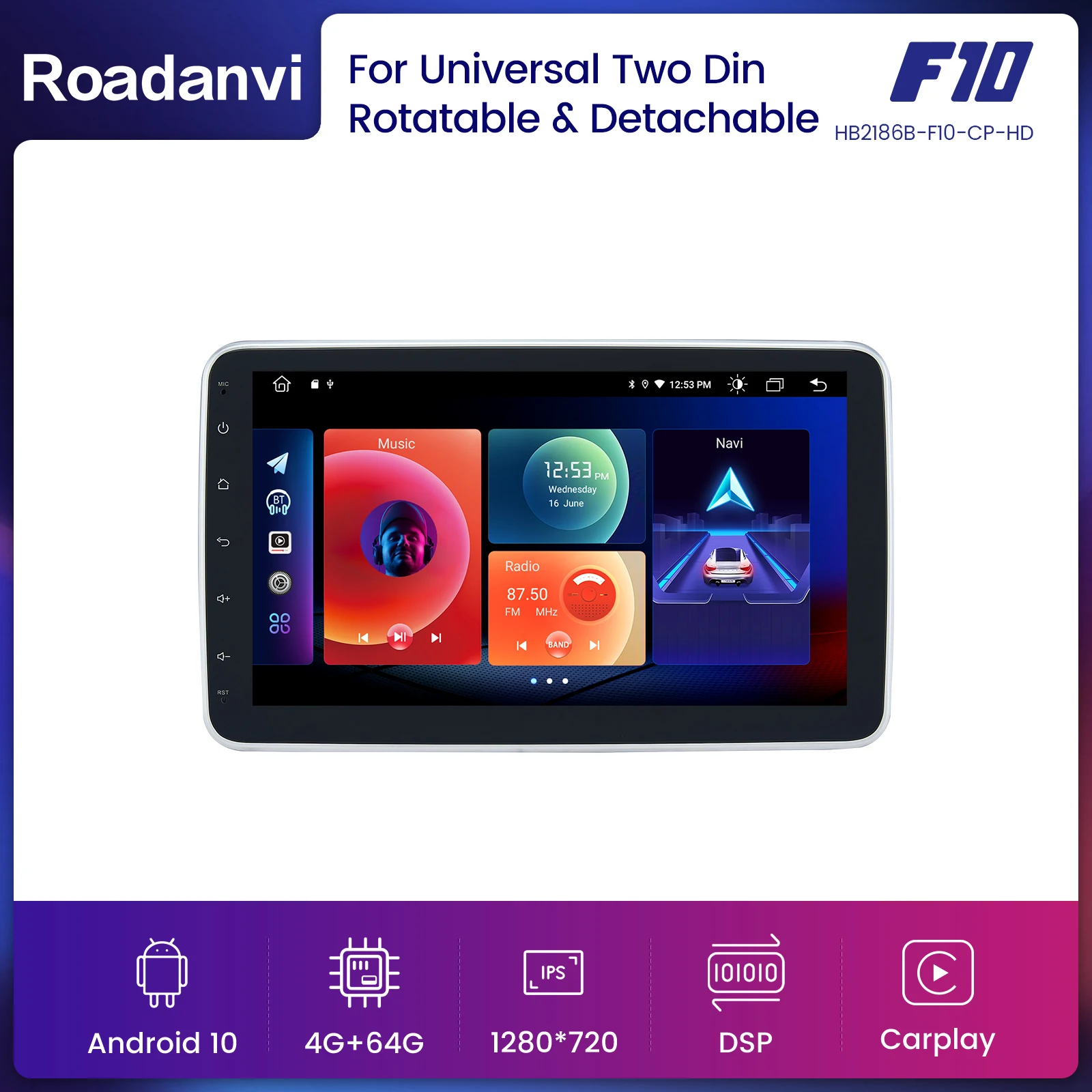 

Roadanvi Android 10 IPS Screen 2 Din Carplay Universal Multimedia GPS Navigation Bluetooth MP3