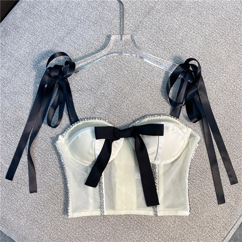 2021 Summer New Sweet Fashion Women Black Lace-up Bow Satin White Short Top Rhinestone Mesh Camisole Vest
2021 Summer New Sweet Fashion Women Black Lace-up Bow Satin White Short Top Rhinestone Mesh Camisole Vest
