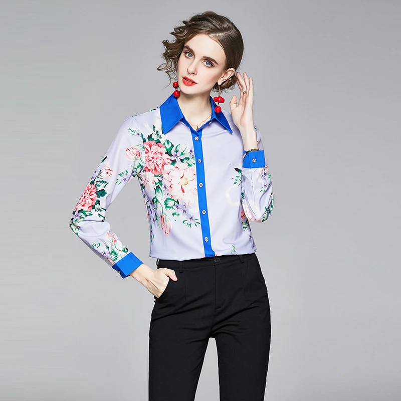 

Women's Spring Autumn Blouse 2022 American Commuter Lapel Print Long-sleeved Blouse New Loose Casual Female Tops X081