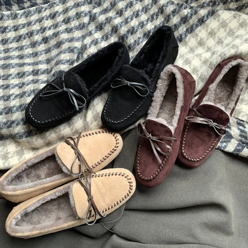 

Women's 2022 Kid Suede Flats Classic Style woman Loafer Shoes Warm Wool Inside Winter Shoes Bowtie Mules chaussures plates