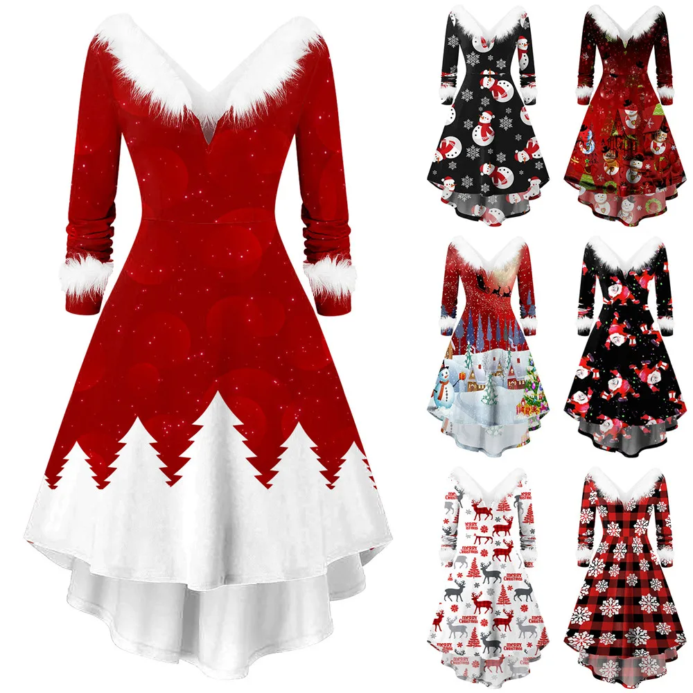 

Women Christmas Reindeer Snowflake Snowman Santa Claus Printed Dress Winter Fluff Long Sleeve V-Neck Dresses Festival Outfits