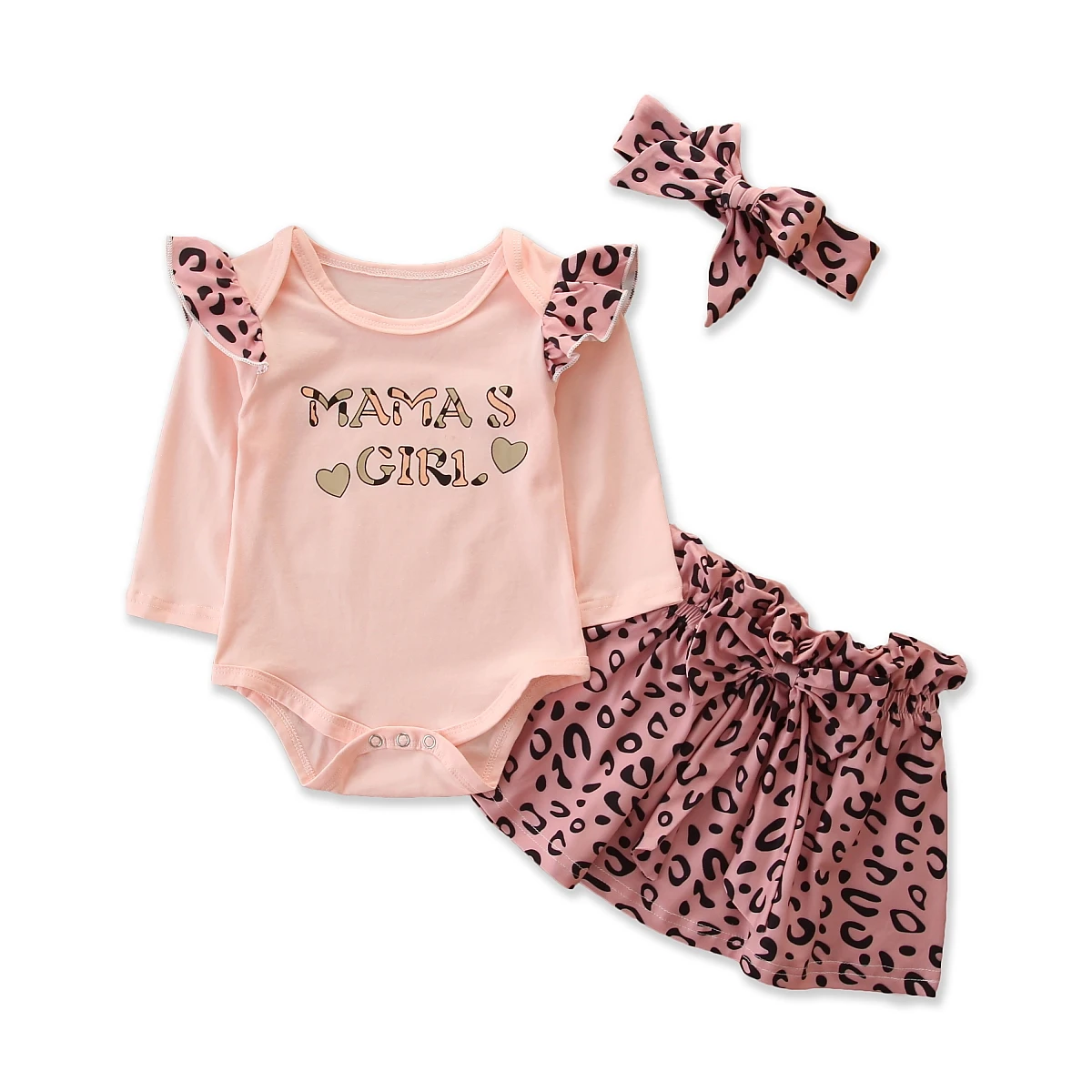 

2020 Fall Baby Girl Clothes Set Round Collar Long Sleeve Crotch Buttons Romper + Ruffle Leopard Skirt + Headband 0-24M Outfits