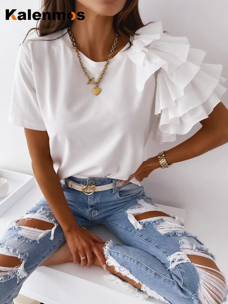 Женская футболка, повседневные топы, футболки, уличная одежда, милый круглый вырез, короткий рукав с оборками, одноцветная, тонкая, удобная, ... 
Женская футболка, повседневные топы, футболки, уличная одежда, милый круглый вырез, короткий рукав с оборками, одноцветная, тонкая, удобная, ...