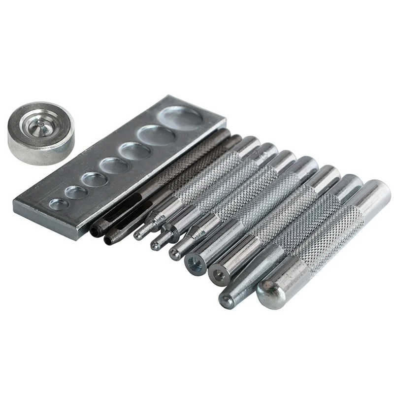 DIY Leathercraft 11 Pcs Metal Craft Tool Set Die Punch Snap Kit Rivet Setter with Base for Punch Hole and Install Rivet Button
DIY Leathercraft 11 Pcs Metal Craft Tool Set Die Punch Snap Kit Rivet Setter with Base for Punch Hole and Install Rivet Button