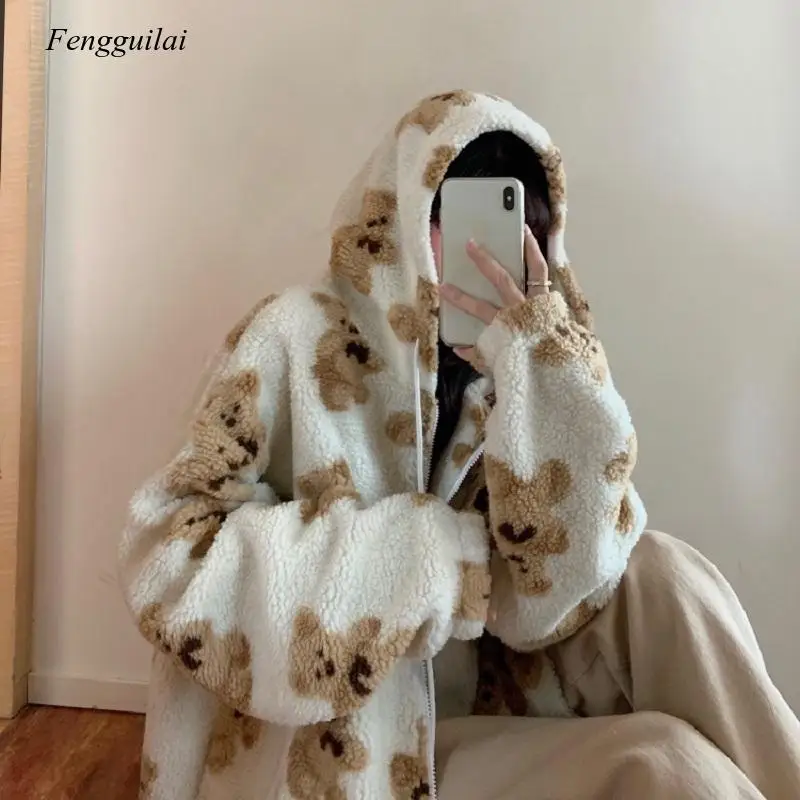 Autumn Winter Cute Women Hoodie Loose Sweatshirts Thick Lamb Wool Bear Coat Lady Street Wear Zipper Oversized Outwear
Autumn Winter Cute Women Hoodie Loose Sweatshirts Thick Lamb Wool Bear Coat Lady Street Wear Zipper Oversized Outwear