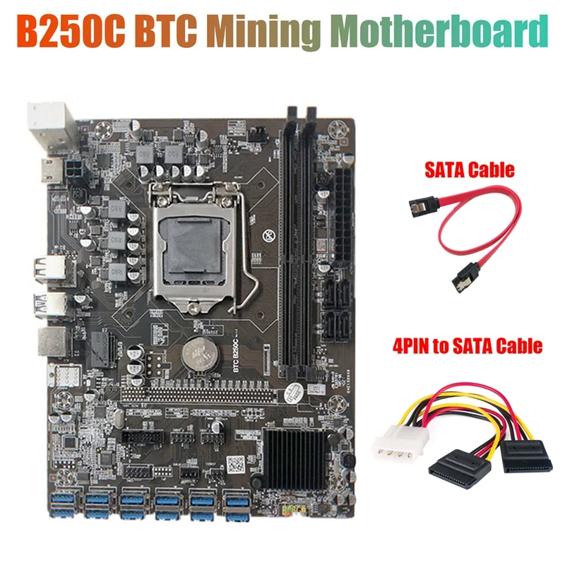 

Материнская плата для майнинга B250C с 4-контактным кабелем SATA + кабель SATA 12 PCIE на USB3.0 слот GPU LGA1151 поддержка DDR4 RAM для BTC