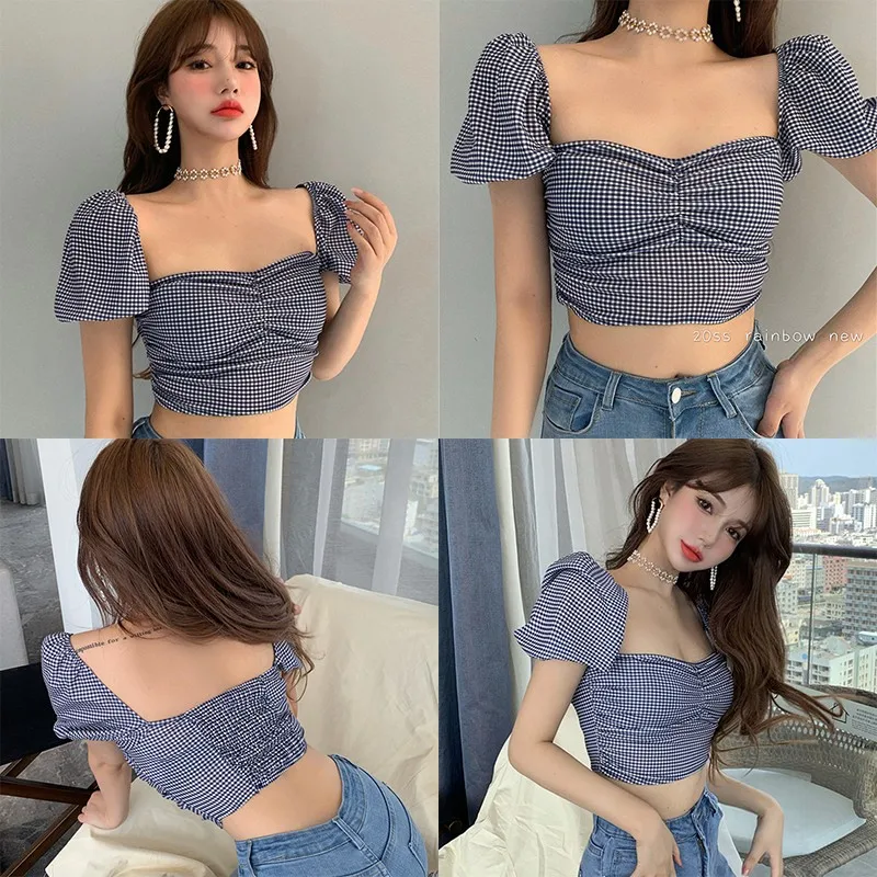 Women's Simple Plaid Print Square Collar Exposed Navel Short Sleeve Blouse Shirt
Women's Simple Plaid Print Square Collar Exposed Navel Short Sleeve Blouse Shirt
