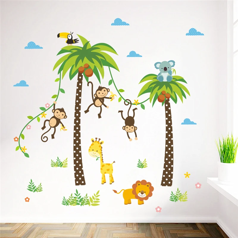 

Monkey Lion Giraffe Coconut Tree Wall Sticker For Kindergarten Kids Room Home Decor Safari Mural Art Diy Cartoon Animal Decals