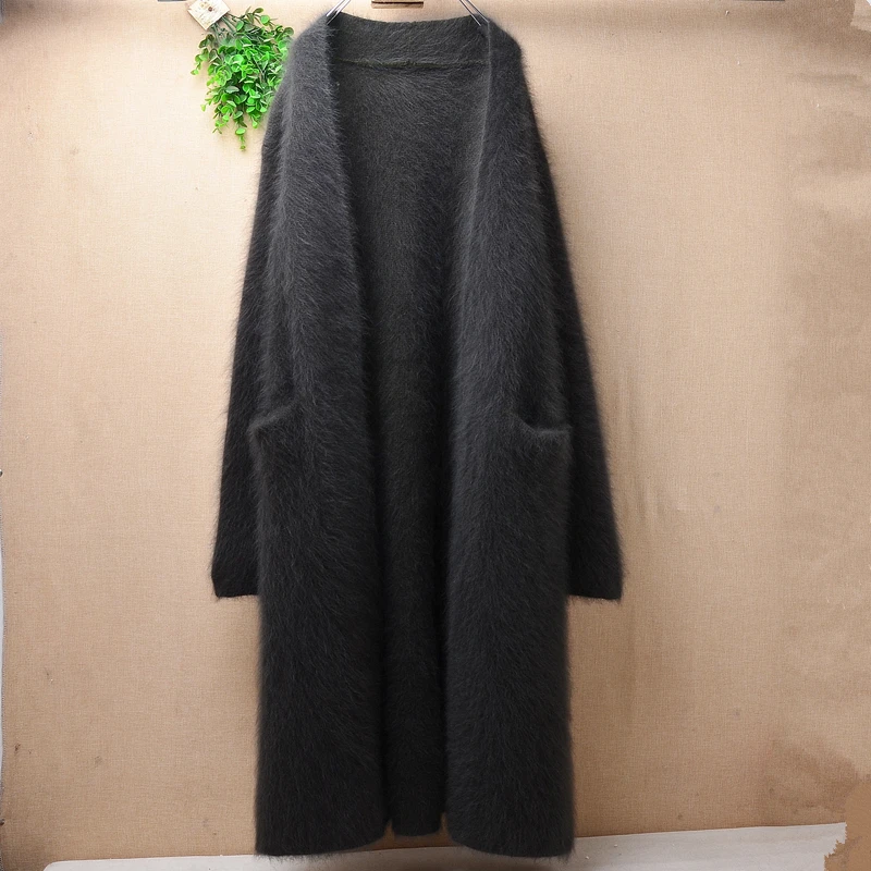 

ladies women fashion hairy plush mink cashmere knitted long sleeves loose cardigans mantle angora fur long sweater jacket coat
