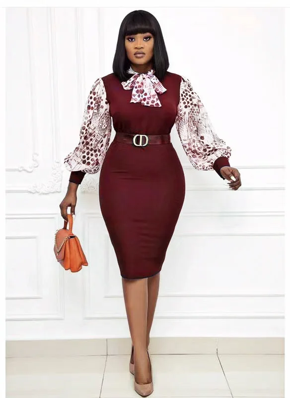

African women's printed package hip pencil bowknot OL commuter career cultivate one's morality dress + with belt