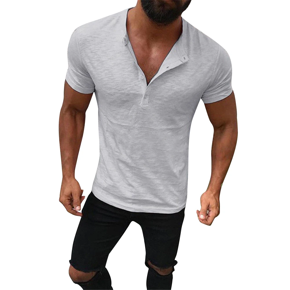 

2021 New Top Tees Men's Fashion Casual Front Placket Short Sleeve Henley T-Shirts Cotton Lapels Classic Plain Over sized T Shirt