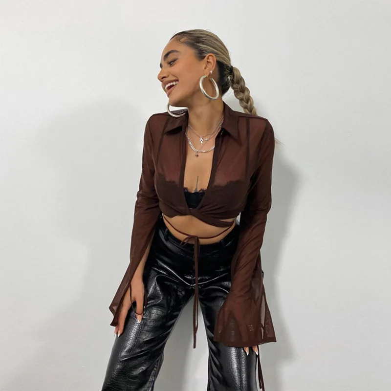 Women Sexy Mesh Midriff-baring Tops Autumn Ladies Solid Color Lapel Long Sleeve Perspective Tie Up Cardigan Base Shirt
Women Sexy Mesh Midriff-baring Tops Autumn Ladies Solid Color Lapel Long Sleeve Perspective Tie Up Cardigan Base Shirt