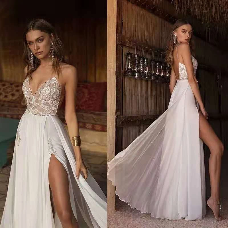 Boho Wedding Dress Sexy Slit Beach Wedding Dress V Neck Bridal Gown Spaghetti Strap Chiffon Backless Vestido De Noiva Brautkleid
Boho Wedding Dress Sexy Slit Beach Wedding Dress V Neck Bridal Gown Spaghetti Strap Chiffon Backless Vestido De Noiva Brautkleid