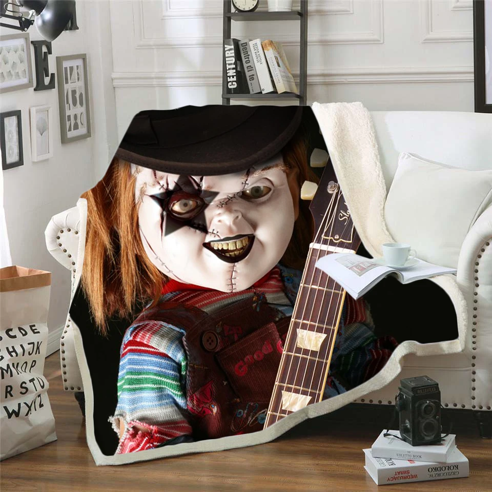 

Newest Horror Movie Child of Play Character Chucky Blanket Gothic Sherpa Fleece Wearable Throw Blanket Microfiber Bedding 06