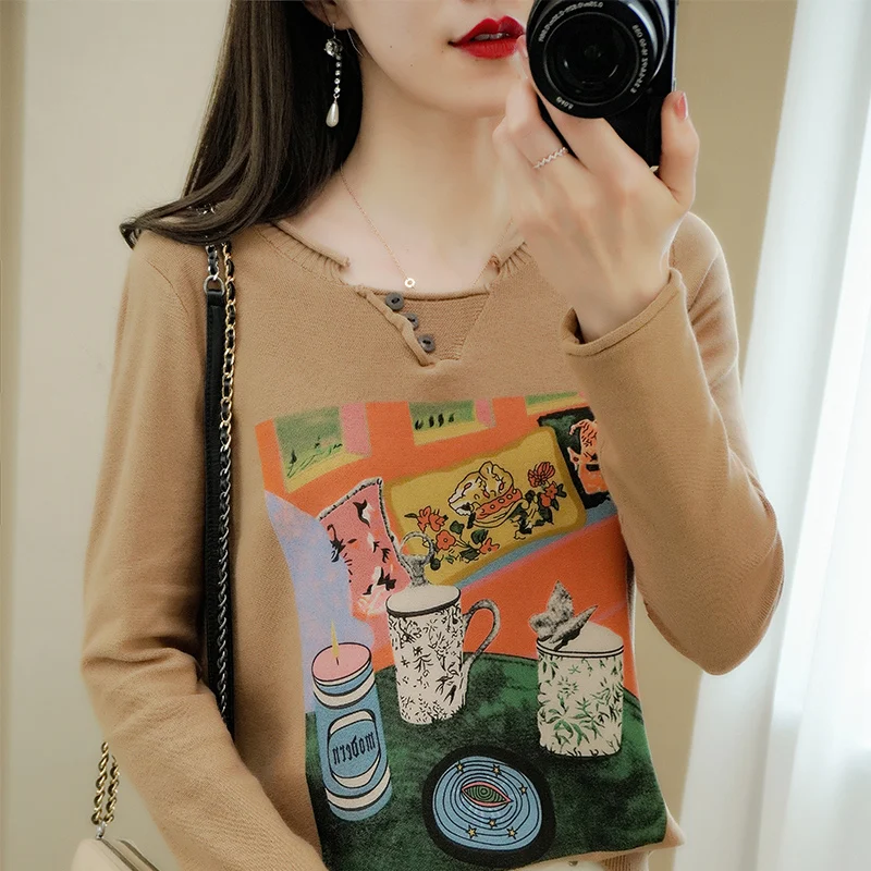 Knitted Cotton Tops Women O Neck Buttons Graffiti Flowers Printed 2021 Elegant Vintage Loose Long Sleeves Sweater
Knitted Cotton Tops Women O Neck Buttons Graffiti Flowers Printed 2021 Elegant Vintage Loose Long Sleeves Sweater