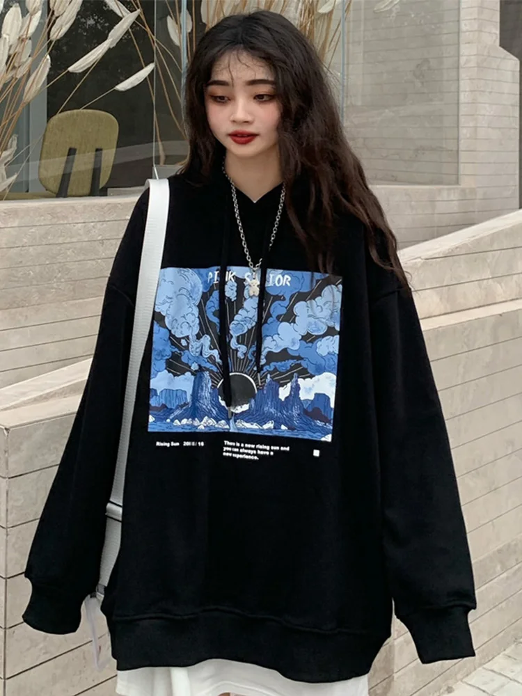 Graphics Black Hooded Sweater Women Oversized High Street Long-Sleeved Tops Pullover Fashion Korean Clothes Student Streetwear
Graphics Black Hooded Sweater Women Oversized High Street Long-Sleeved Tops Pullover Fashion Korean Clothes Student Streetwear