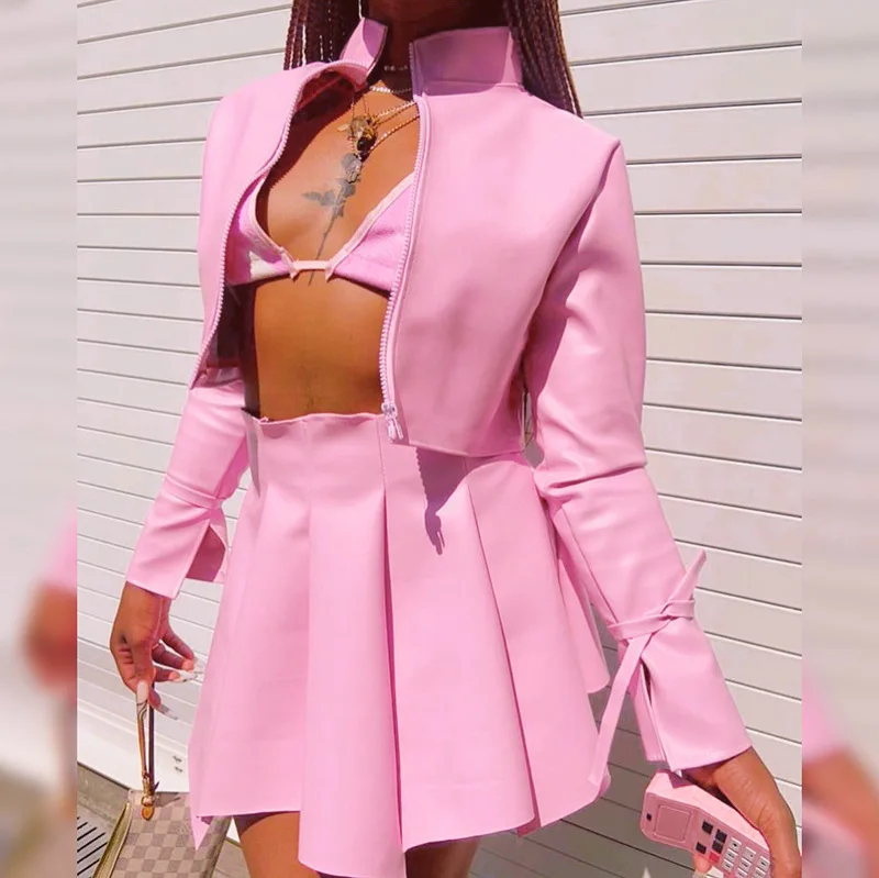 Long-sleeved Sexy Leather Short Skirt Two-piece Suit 2021 Autumn New Elegant Casual Pure Color Waist Strap Fashion Women's 
Long-sleeved Sexy Leather Short Skirt Two-piece Suit 2021 Autumn New Elegant Casual Pure Color Waist Strap Fashion Women's