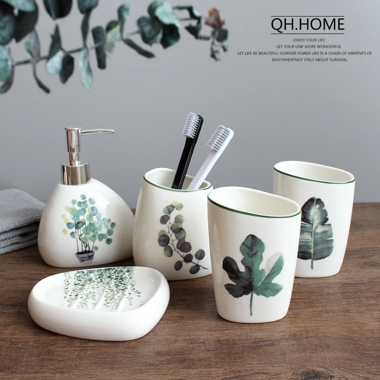 European green plant ceramic bathroom supplies simple five-piece wedding wash set toothbrush holder lotion bottle melamine tray
European green plant ceramic bathroom supplies simple five-piece wedding wash set toothbrush holder lotion bottle melamine tray
