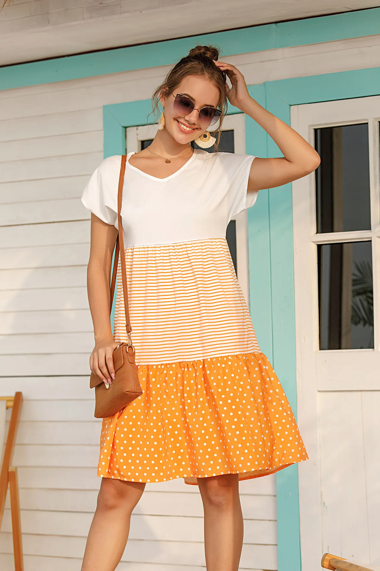 Patchwork Women's Dresses Dot Print V Neck Short Sleeve A-Line Dress Casual Women Clothing Loose Summer Dresses Female
Patchwork Women's Dresses Dot Print V Neck Short Sleeve A-Line Dress Casual Women Clothing Loose Summer Dresses Female