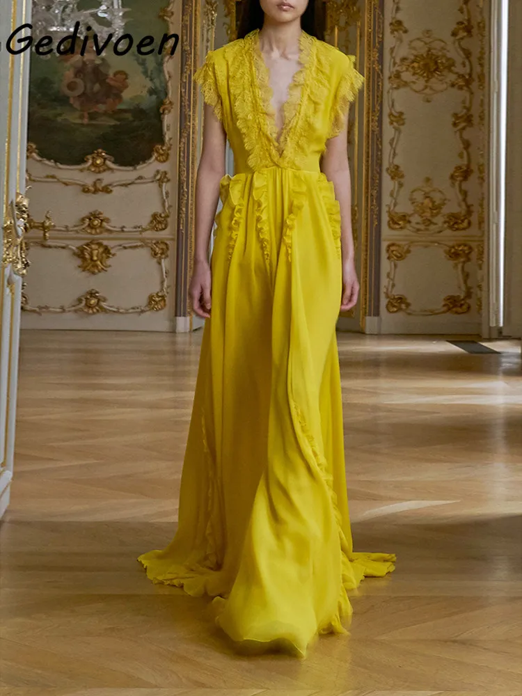 Gedivoen Casual Yellow Women Dress V-Neck Sleeveless Lace Ruffles Ankle-Length Dresses Female Fashion New
Gedivoen Casual Yellow Women Dress V-Neck Sleeveless Lace Ruffles Ankle-Length Dresses Female Fashion New