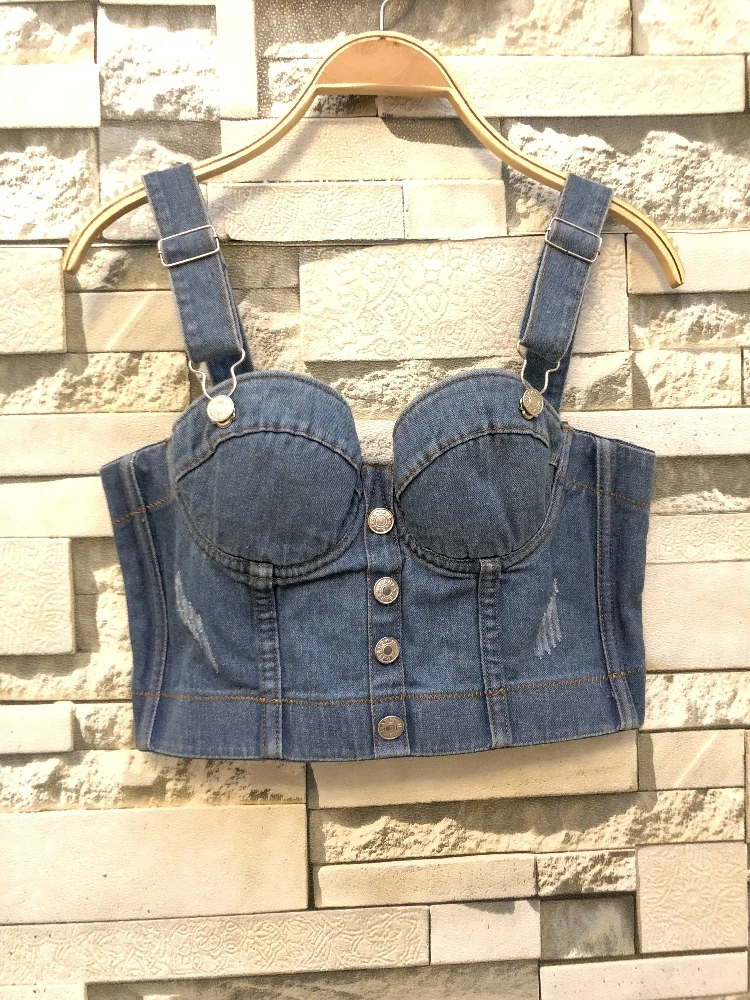 2019 denim Nightclub Dance Vest Women Sexy Sleeveless Wrapped Steel Bustier Crop Tops