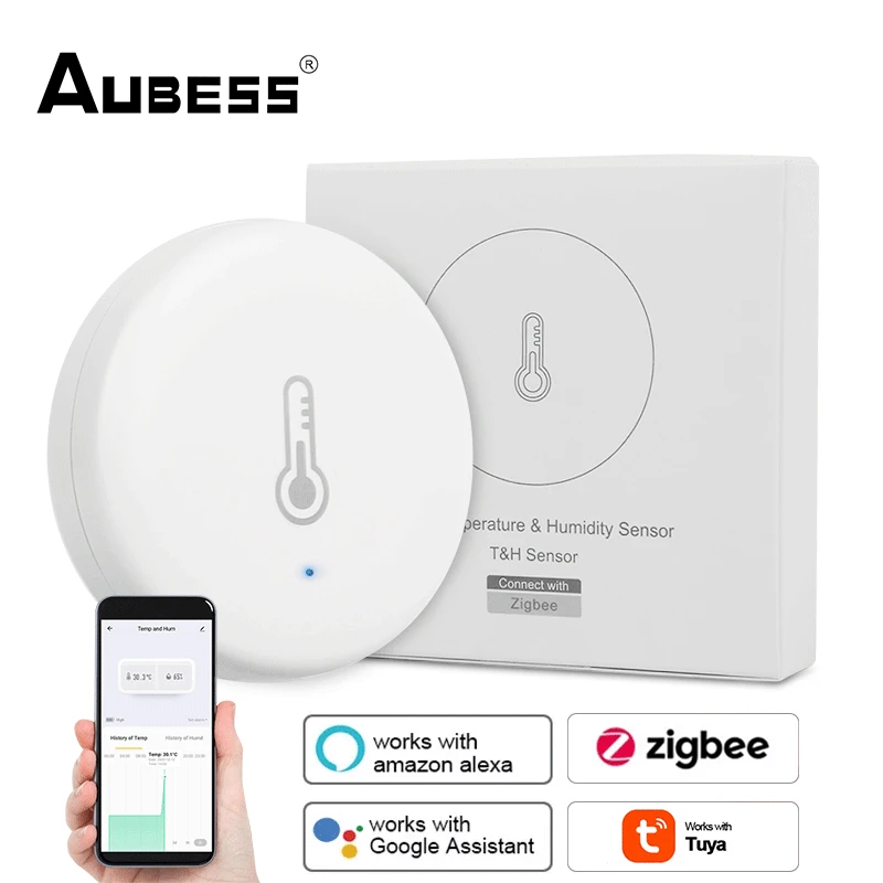 

Умный датчик температуры и влажности Aubess ZigBee, работает со шлюзом Zigbee через приложение Alexa Google Home Smart Life/ Tuya