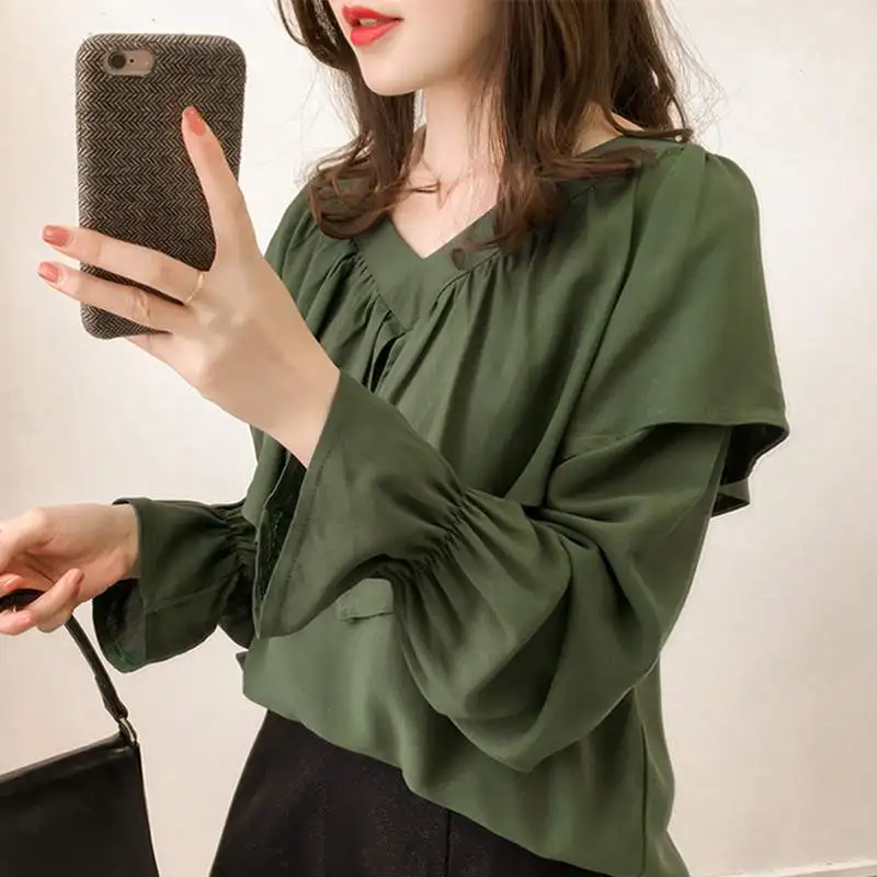 Fashion Ruffles V-Neck Tops Autumn Ladies Blouse Solid Color Women Long Sleeve Casual Chiffon Elegant Shirt
Fashion Ruffles V-Neck Tops Autumn Ladies Blouse Solid Color Women Long Sleeve Casual Chiffon Elegant Shirt