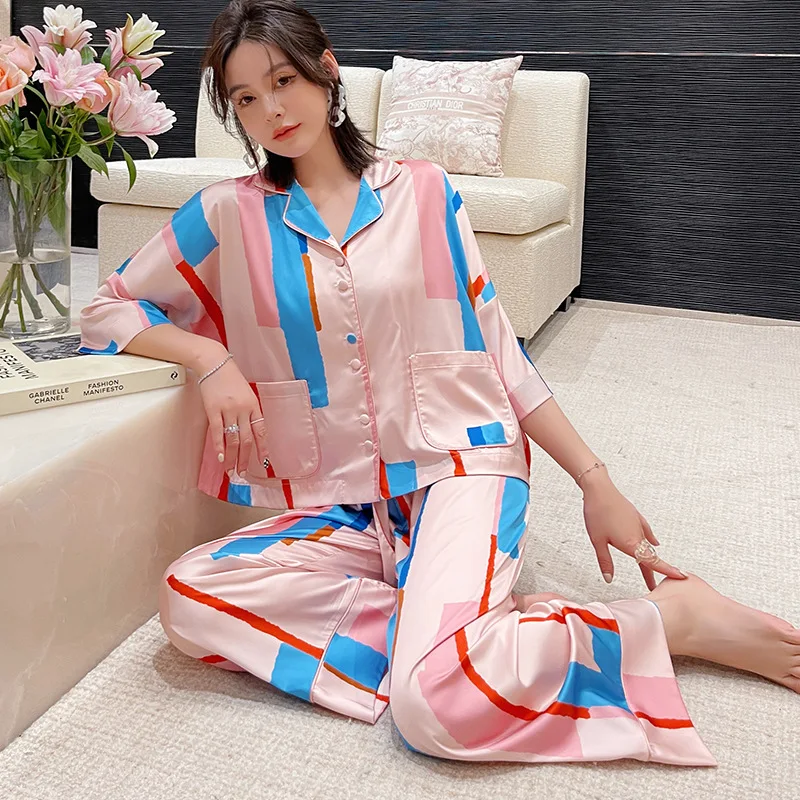 Осенняя Новая женская пижама из искусственного шелка, модная Домашняя одежда, женская пижама для девочек-подростков 
Осенняя Новая женская пижама из искусственного шелка, модная Домашняя одежда, женская пижама для девочек-подростков