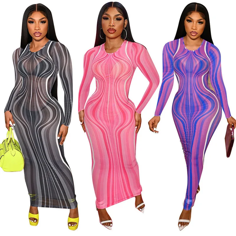 Sexy Striped Print Long Sleeve Mesh Bodycon Elegant Maxi Dresses Women Fitness Banquet Party Night Club O Neck Dress See Through
Sexy Striped Print Long Sleeve Mesh Bodycon Elegant Maxi Dresses Women Fitness Banquet Party Night Club O Neck Dress See Through