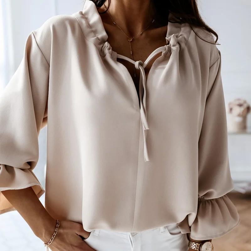 Spring Autumn Long-sleeved Blouse for Women 2021V-neck Slim Ladies Shirt Simple Flared Sleeve Solid Tops Women's Clothing
Spring Autumn Long-sleeved Blouse for Women 2021V-neck Slim Ladies Shirt Simple Flared Sleeve Solid Tops Women's Clothing