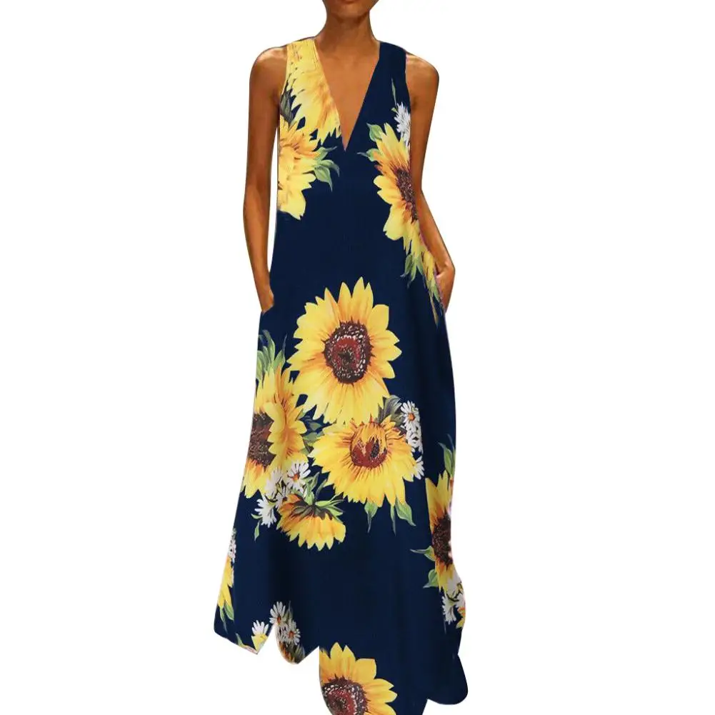 Hot Plus Size Women Boho Summer V Neck Sleeveless Sunflower Print Large Hem Pockets Long Dress Streetwear Loose vestidos Female 
Hot Plus Size Women Boho Summer V Neck Sleeveless Sunflower Print Large Hem Pockets Long Dress Streetwear Loose vestidos Female