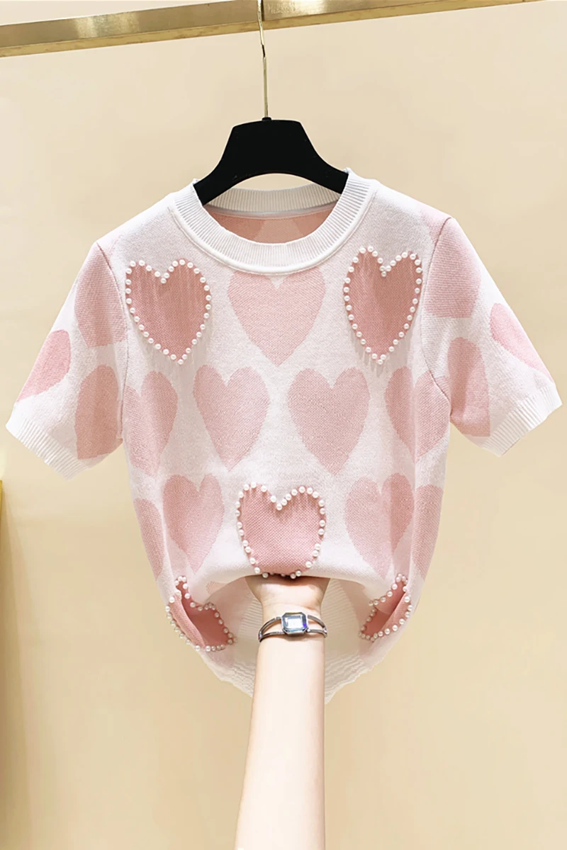 Cute Heart Print Beaded Short Sleeve Knitted T-shirt Women 2021 Spring Summer New Loose All-Match Tshirt Tops Pullover Clothes
Cute Heart Print Beaded Short Sleeve Knitted T-shirt Women 2021 Spring Summer New Loose All-Match Tshirt Tops Pullover Clothes