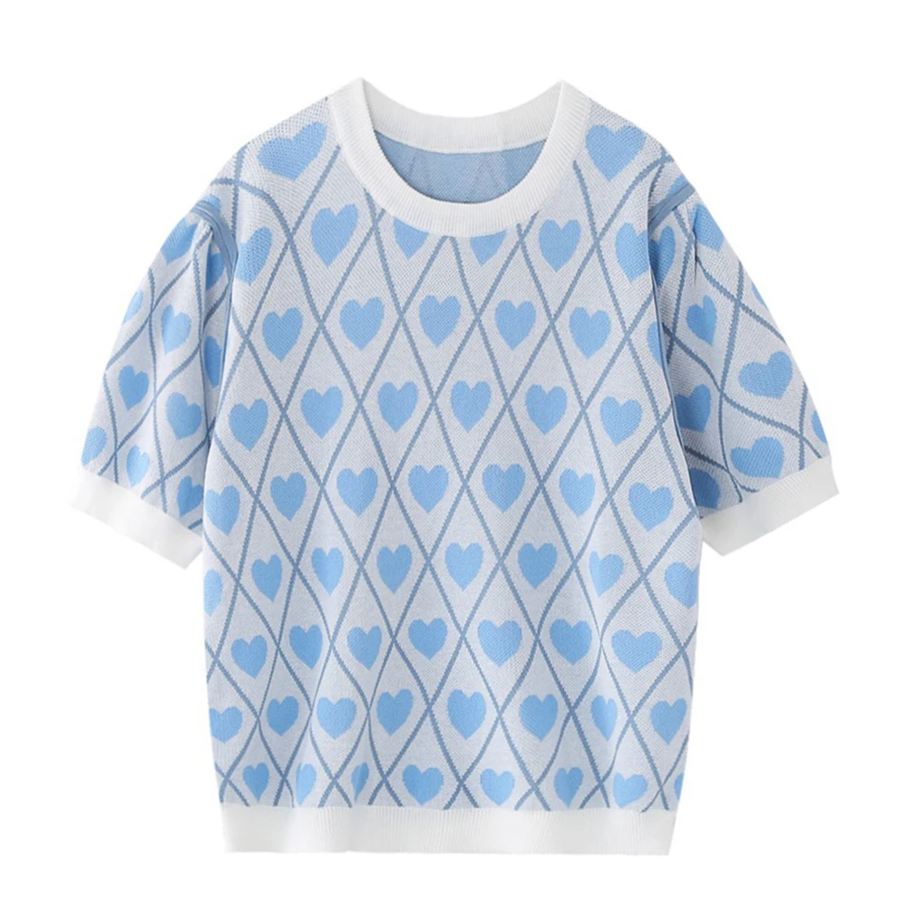 Summer Casual Heart Plaid Puff Sleeve Knitted Pullovers Women Fashion Short Sleeve O-Neck Tops Blue S-L Slim Sweater Woman
Summer Casual Heart Plaid Puff Sleeve Knitted Pullovers Women Fashion Short Sleeve O-Neck Tops Blue S-L Slim Sweater Woman
