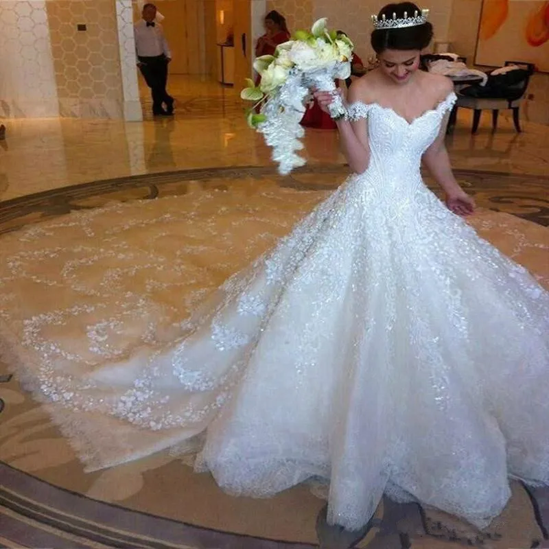 Gorgeous Off Shoulder Wedding Dresses Crystal Beaded Sequins Lace Bridal Dresses A Line Cathedral Train Wedding Gowns
Gorgeous Off Shoulder Wedding Dresses Crystal Beaded Sequins Lace Bridal Dresses A Line Cathedral Train Wedding Gowns