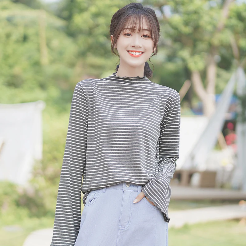 Silk Khaki 2020 New Style Autumn and Winter Stripes Base Shirt Female Half-High Collar Inner Match Flare Sleeve T-shirt Ruffled
Silk Khaki 2020 New Style Autumn and Winter Stripes Base Shirt Female Half-High Collar Inner Match Flare Sleeve T-shirt Ruffled