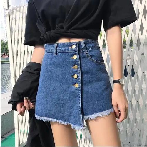 Фото 2019 плюс размер юбка шорты женские корейские однобортные джинсовые с высокой