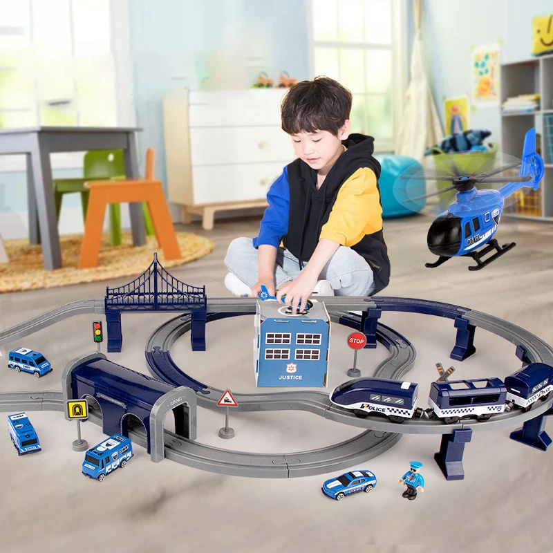 

Children's Electric Track Train Toy Simulation Track Suit Police Fire Engineering Rail Car Puzzle Assembling Boy Gift Train Toys