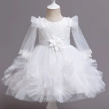 Baby Girl White Baptism Christening Dresses Infant Kids Tutu Baby Show Dress Winter Spring Princess Pageant Solid Color 6 Months