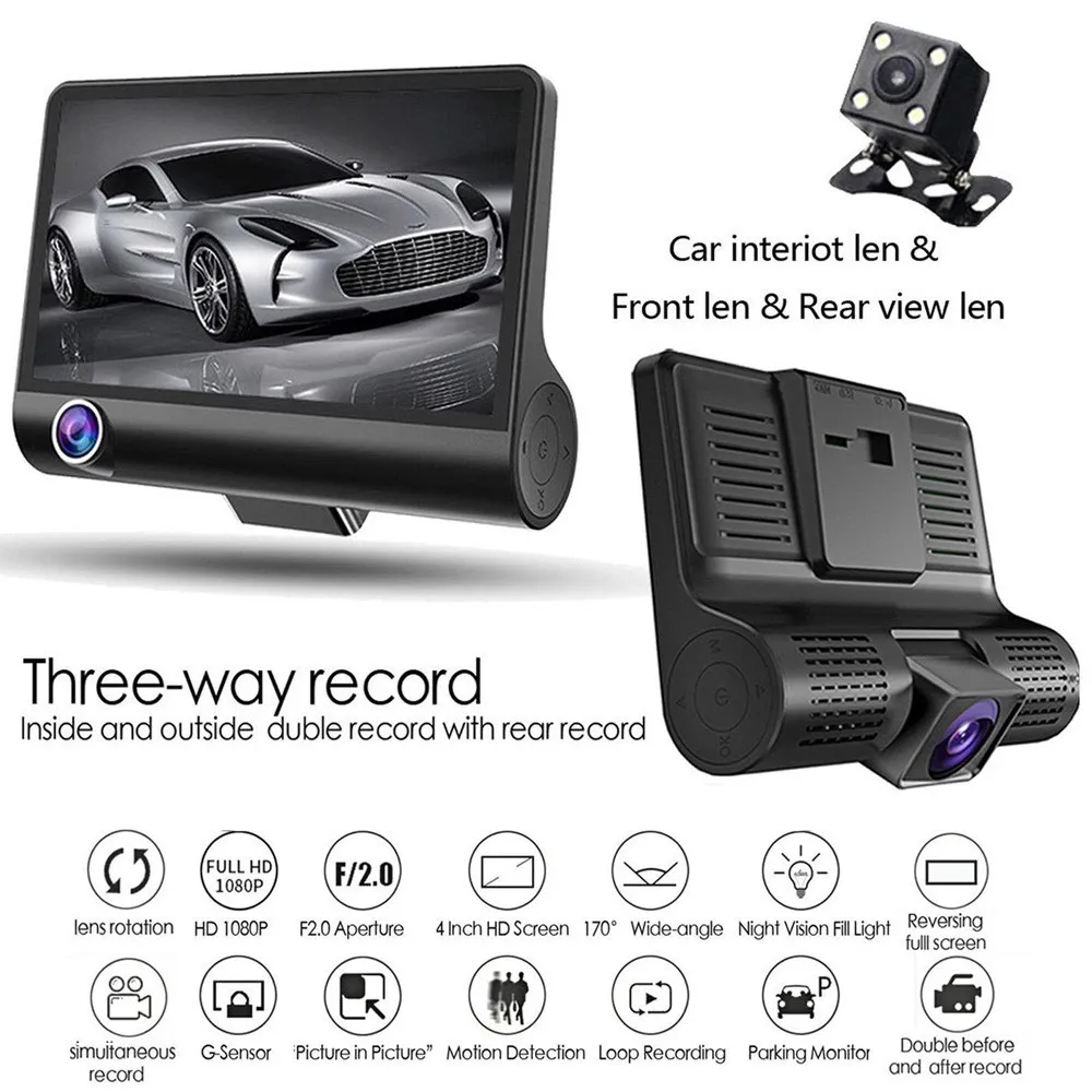 NEW 4inch HD 1080P 3 Lens Car DVR Dash Cam Vehicle Video Recorder Rearview Camera Super wide-angle Security 320mAh | Электроника