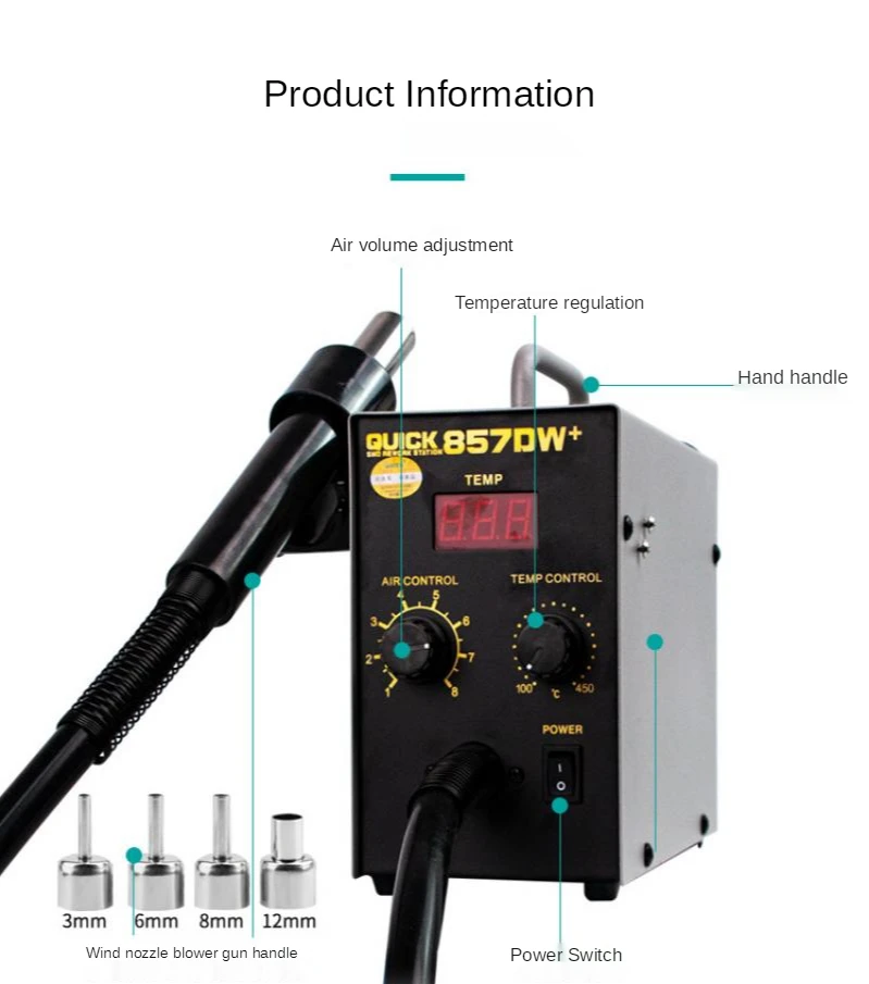 Digital Display Electric Soldering Stations QUICK857Dw+ Hot Air Heat Gun Helical Wind 580W SMD Rework Station Soldering Irons
Digital Display Electric Soldering Stations QUICK857Dw+ Hot Air Heat Gun Helical Wind 580W SMD Rework Station Soldering Irons