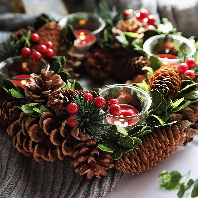 

Christmas Wreath with Four CandleHolder Christmas Candle Holders Pine Cone Berries Woodland Rustic Xmas Decor Table Centerpiece