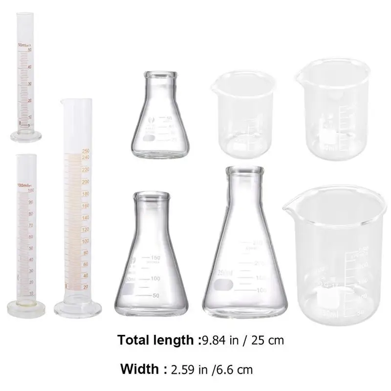 

9 шт., лабораторные принадлежности (стеклянный мерный цилиндр и коническая бутылка)
