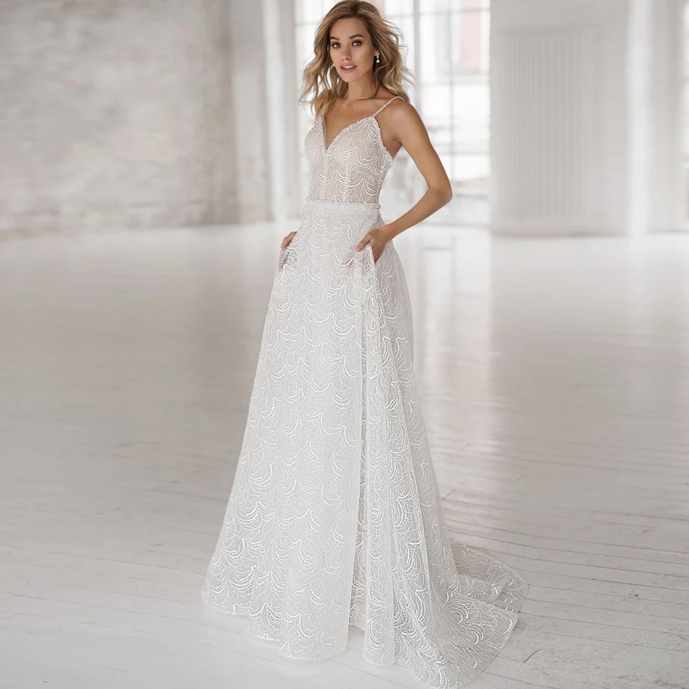 Graceful A-Line V-Neck Sleeveless Bridal Gown 2021 Spaghetti Straps with Pocket Tulle Court Train Custom Made Vestidos De Novia
Graceful A-Line V-Neck Sleeveless Bridal Gown 2021 Spaghetti Straps with Pocket Tulle Court Train Custom Made Vestidos De Novia