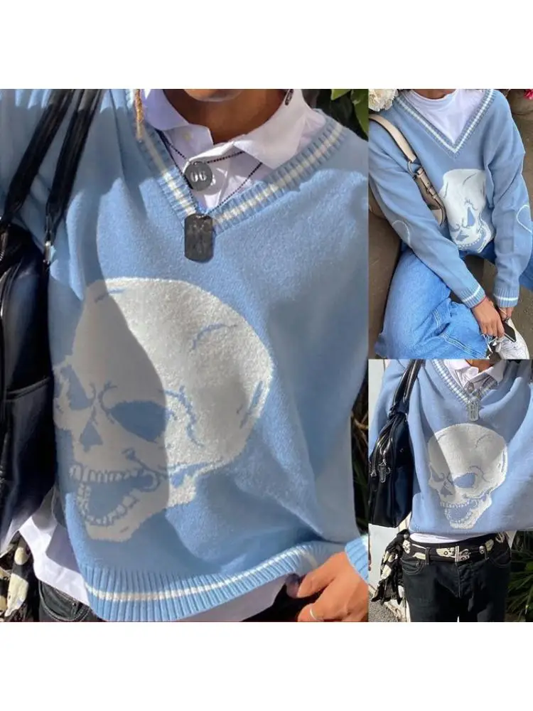 Women Long Sleeve V-Neck Sweater Striped Skull Pattern Blue Pullover Tops Harajuku Punk Style Loose Knitwear Jumper
Women Long Sleeve V-Neck Sweater Striped Skull Pattern Blue Pullover Tops Harajuku Punk Style Loose Knitwear Jumper