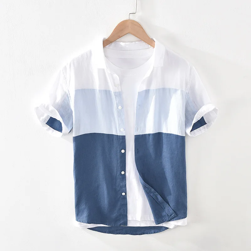 

Рубашка Мужская льняная с отложным воротником, тонкая свободная дышащая блуза с короткими рукавами, прошитая строчка, одежда на лето, 2021